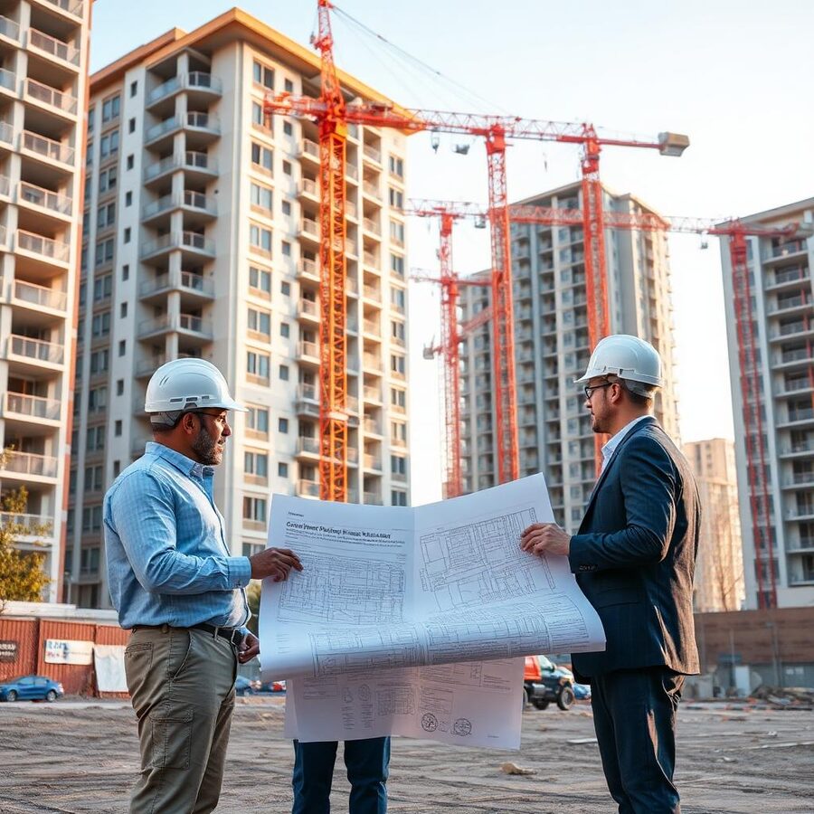 Constructora verificada revisando planos de obra